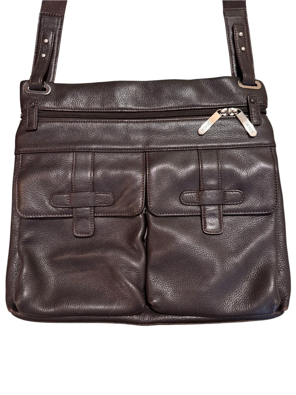 Bosca Brown Pebbled Leather Messenger Crossbody Bag Multi Pocket Work Travel